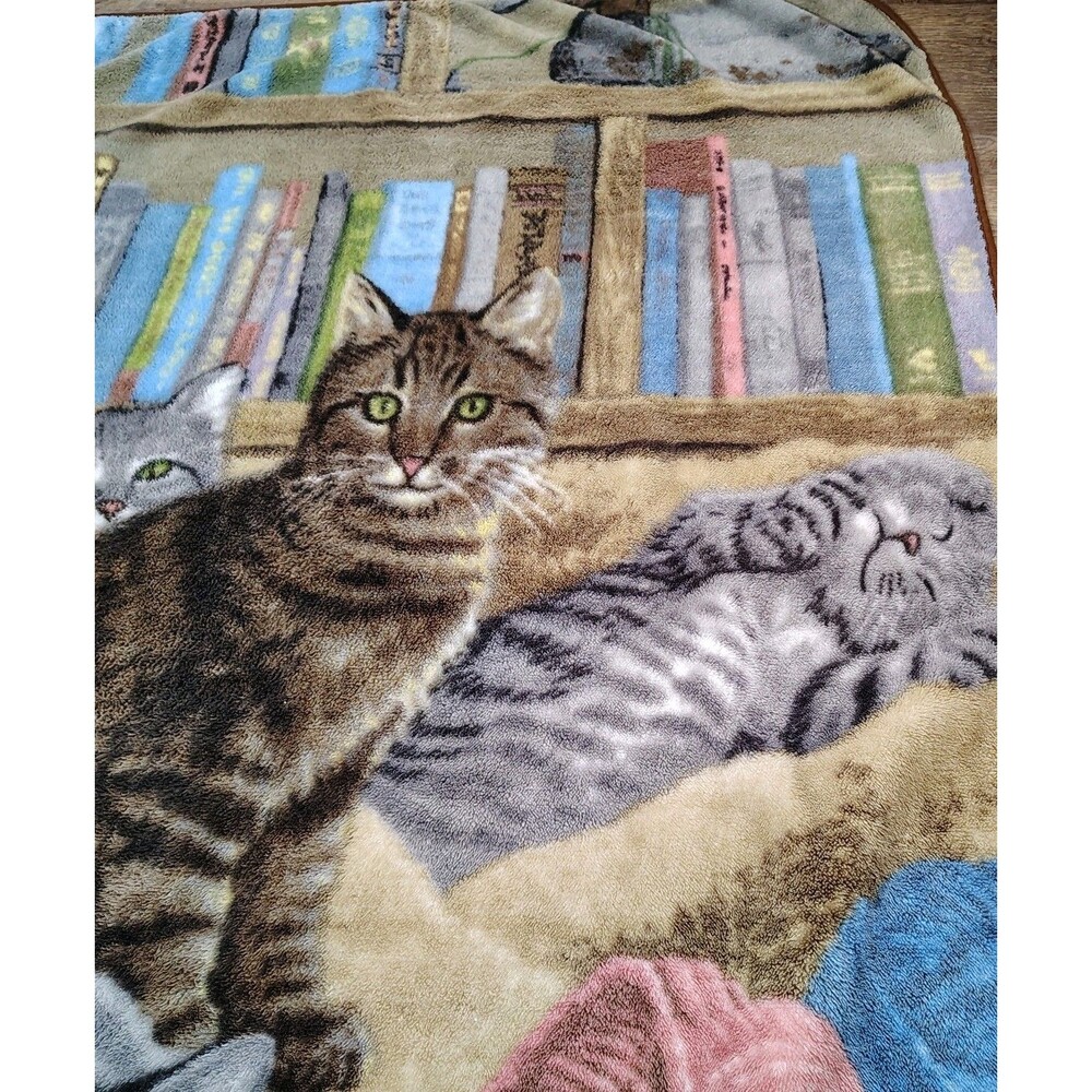 Cat Throw Blanket Plush Soft Books Yarn Cottagecore Crazy Cat Lady Cozy Cottage - Picture 2 of 6